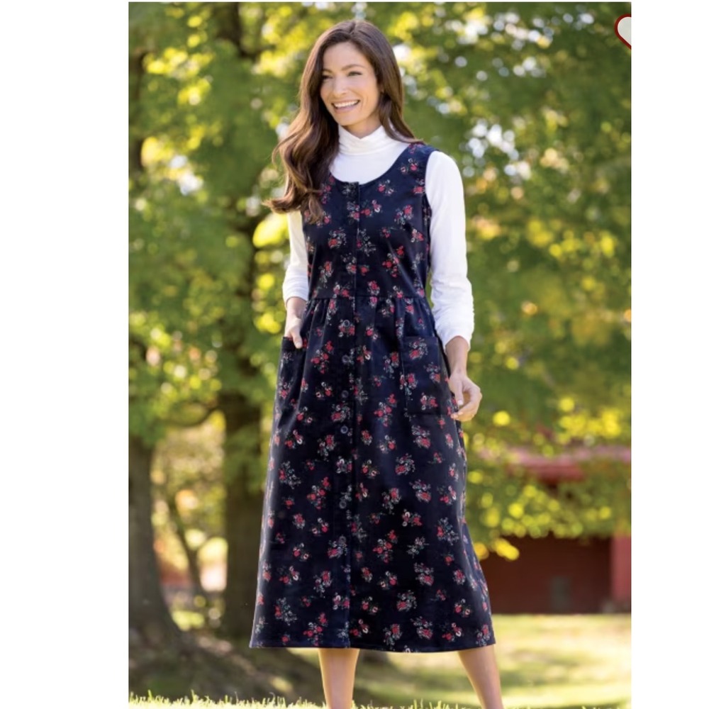 Vermont Country Store Floral Corduroy Jumper Dress Navy Blue Button Front Midi
